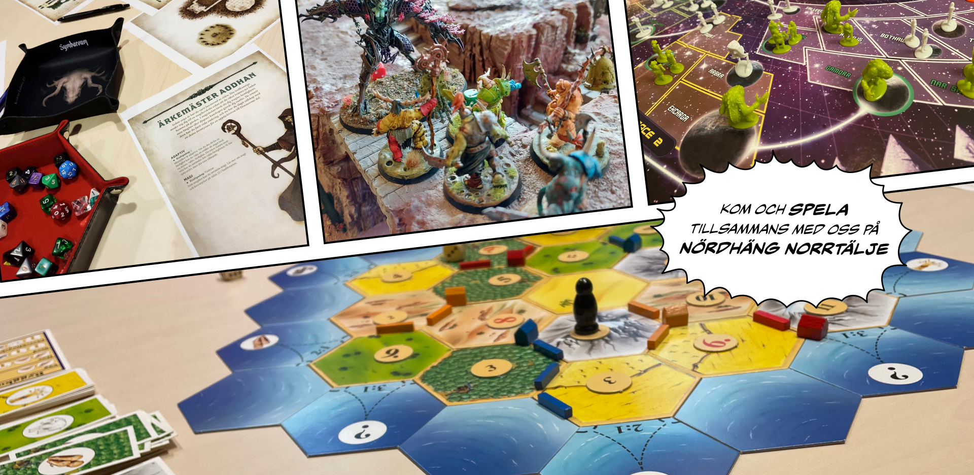 Bild på olika spel med en uppmaning att komma och spela hos Nördhäng Norrtälje