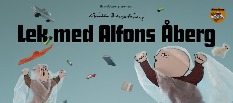 Ljusbl&aring; bakgrund med Alfons &Aring;berg och hans pappa. B&aring;de Alfons och pappan har bruna tr&ouml;jor.