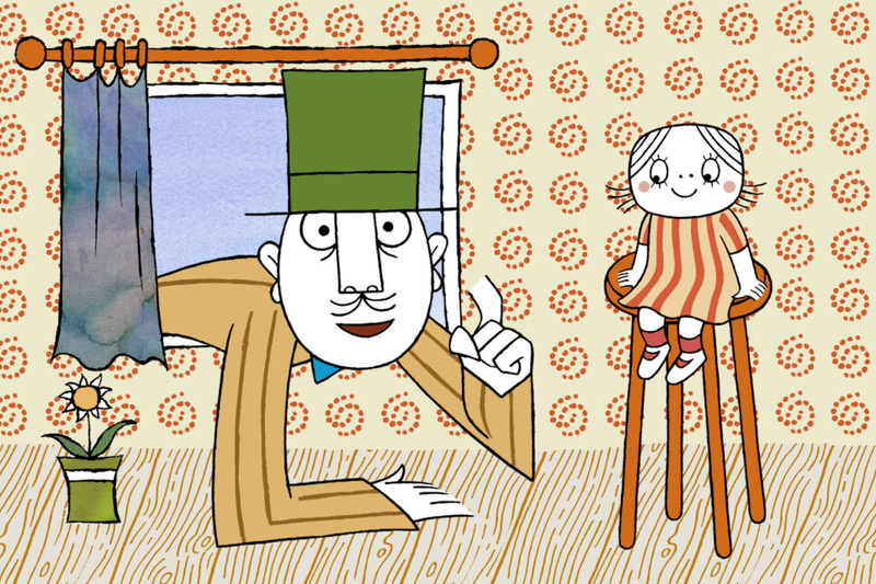 L&aring;nga farbrorn kl&auml;dd i gult och gr&ouml;n hatt lutar sig in genom ett f&ouml;nster i ett rum d&auml;r en liten flicka sitter p&aring; en pall. Flickan har randig kl&auml;nning p&aring; sig.