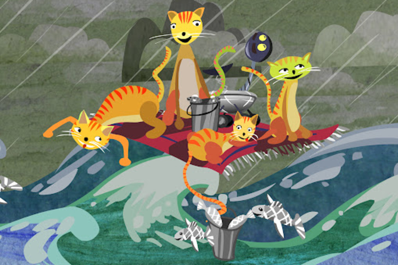 Tecknad bild. Fyra gula katter sitter p&aring; en r&ouml;d matta som &aring;ker p&aring; stora v&aring;gor p&aring; havet.