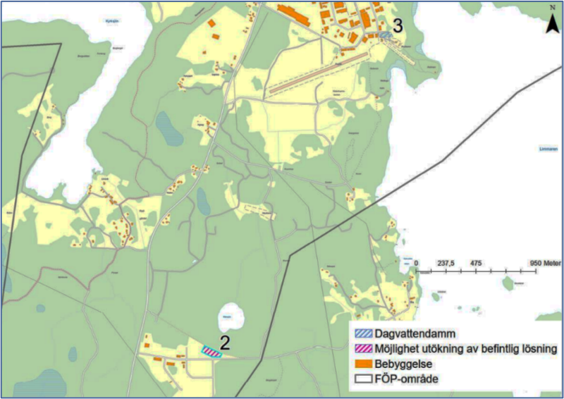 F&Ouml;P Norrt&auml;lje stan figur D dagvatten. F&ouml;reslagna ytor f&ouml;r framtida dagvatten&aring;tg&auml;rder (forts.) (Sweco, 2021