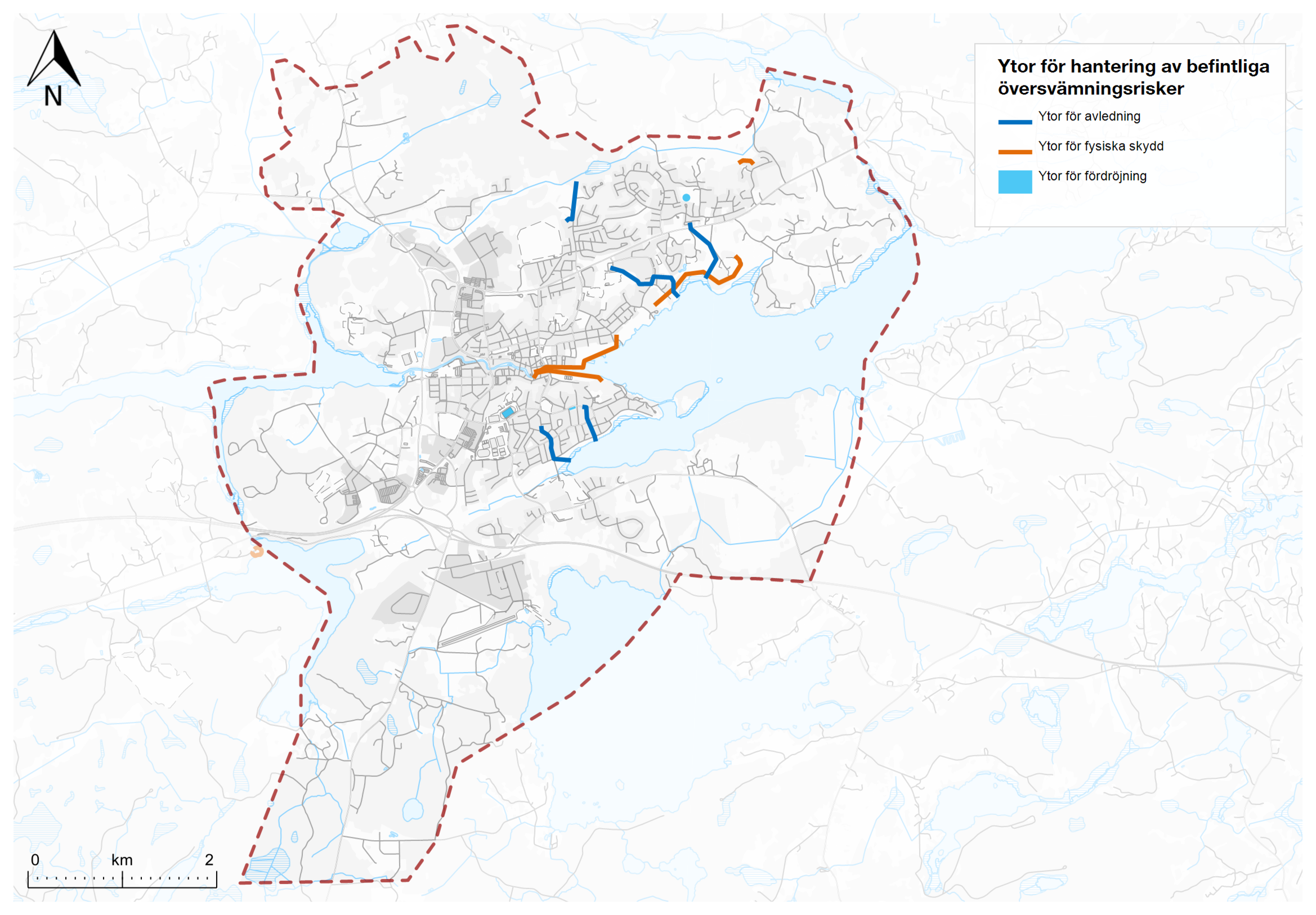 Karta med linjer som visar ytor f&ouml;r hantering av &ouml;versv&auml;mningsrisker