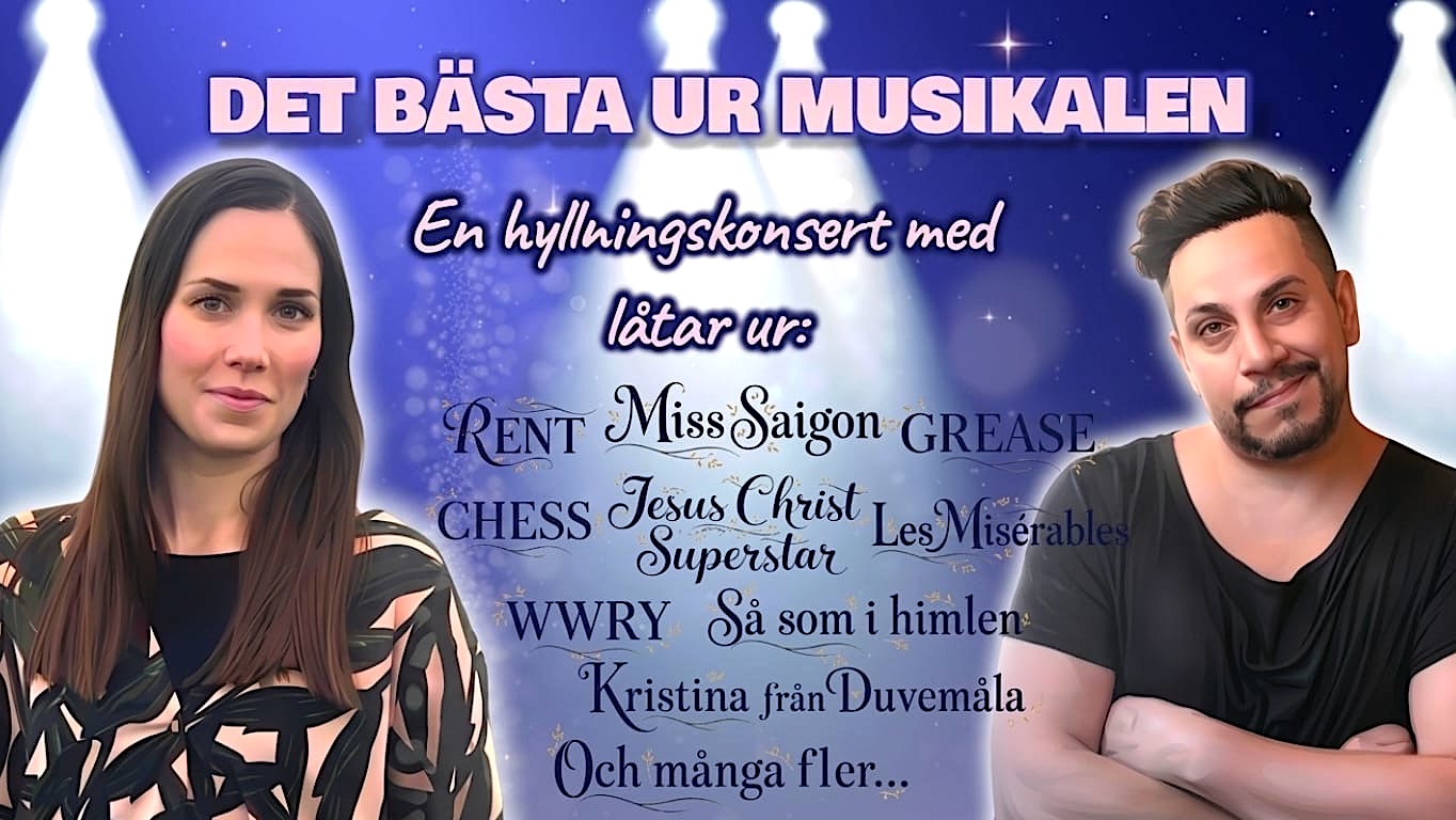Två personer, halvporträtt, tittar in i kameran. Omgivna av flera kända låttitlar ur olika musikaler, som RENT, Miss Saigon, Grease och många fler!
