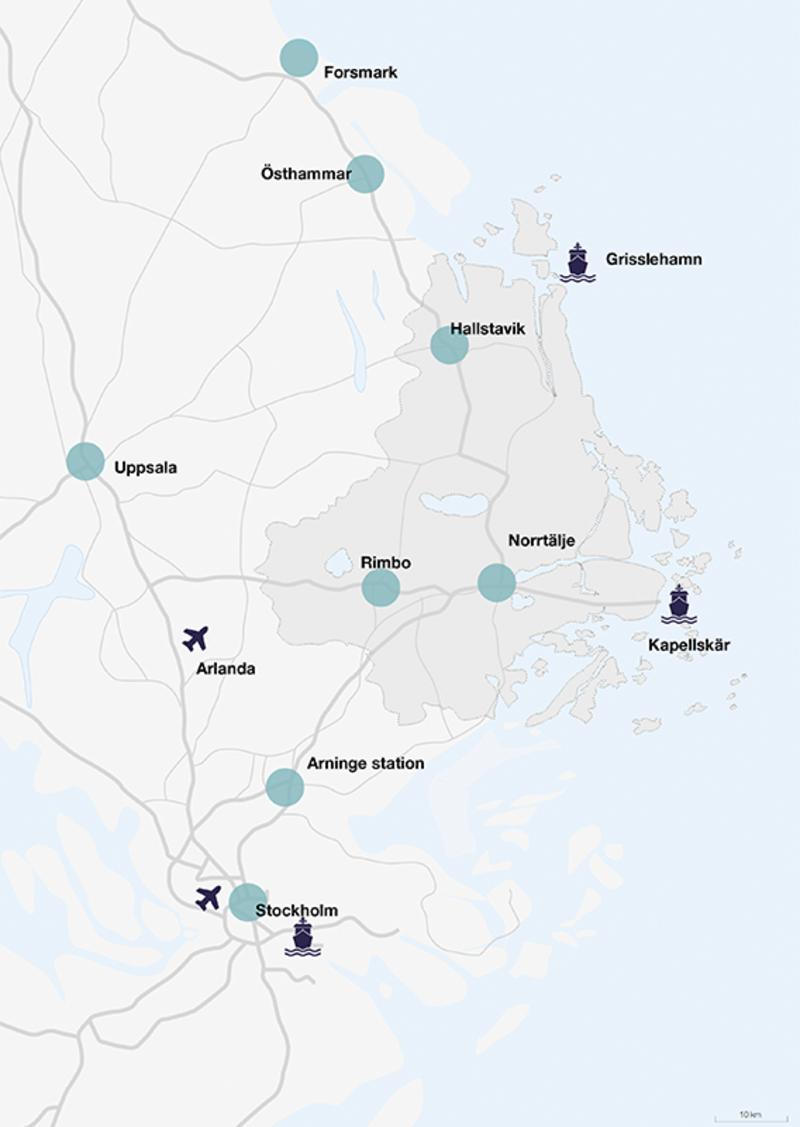 Karta med start och målpunkter för kollektivtrafiken