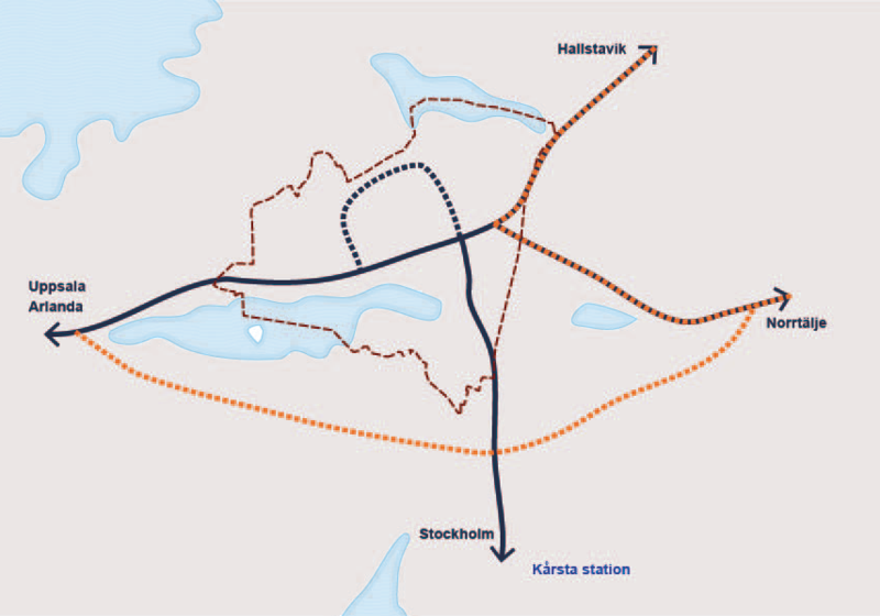 Om ny v&auml;g 77 (orange) dras mot trafikplats R&ouml;sa ist&auml;llet f&ouml;r trafikplats Ledinge gynnas l&aring;ngv&auml;ga godstrafik och delregional trafik. Med en anslutning i Kundby utg&ouml;r en s&aring;dan str&auml;ckning av v&auml;g 77 ocks&aring; en l&ouml;sning f&ouml;r farligt gods p&aring; v&auml;g 280 att k&ouml;ra runt Rimbo, vilket m&ouml;jligg&ouml;r en centrumutveckling