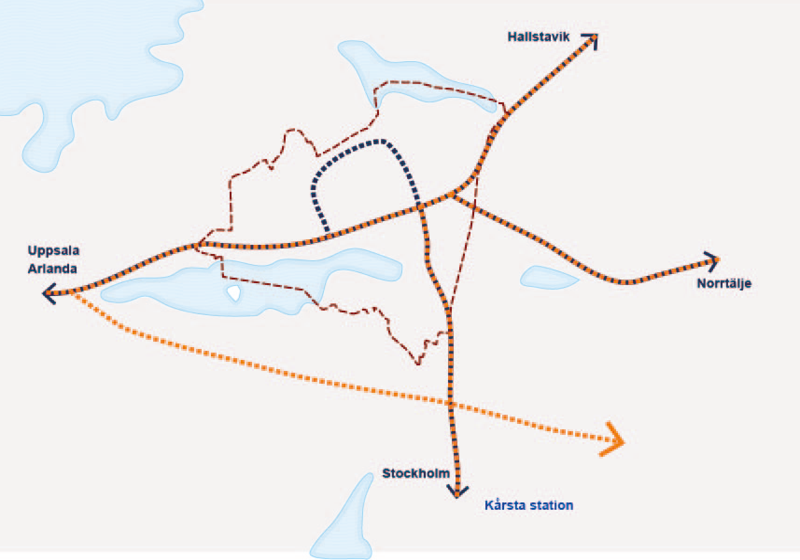 Ny v&auml;g mot trafikplats Ledinge enligt Trafikverkets alternativ (orange): Den delregionala trafiken fr&aring;n v&auml;g 77 ligger kvar genom Rimbo. Fr&aring;n v&auml;g 280 ligger farligt gods och regional trafik kvar genom Rimbo, vilket inneb&auml;r att en centrumutveckling f&ouml;rsv&aring;ras