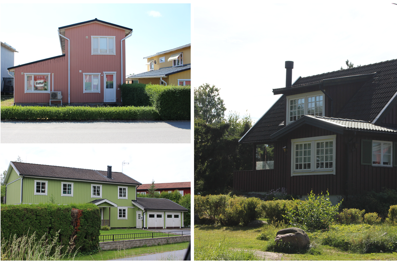 Kollage med ett persikofärgat, ett grönt och ett brunt hus