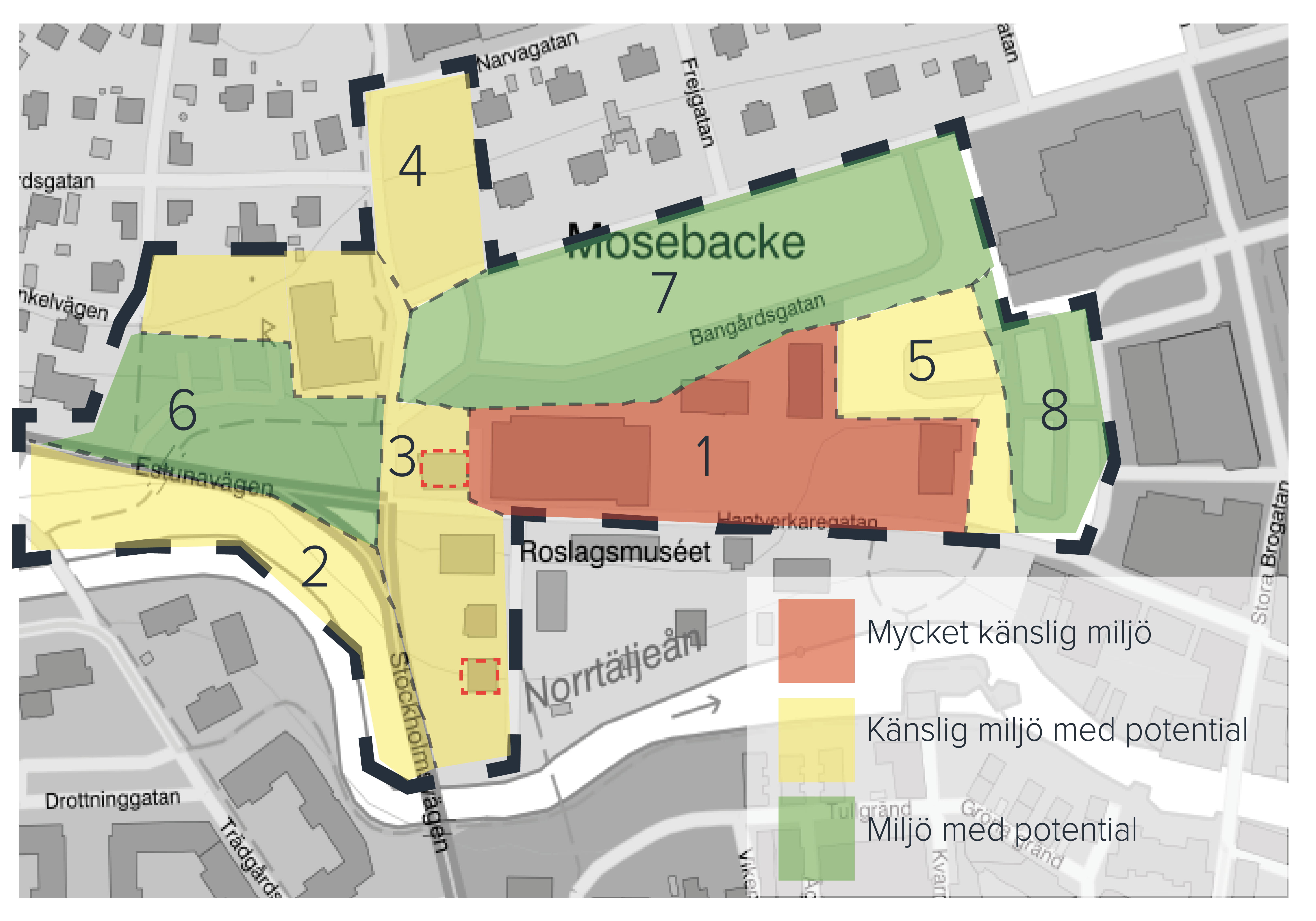 Karta med omr&aring;den med olika k&auml;nslighet och potential inom busstorget i norrt&auml;lje stad