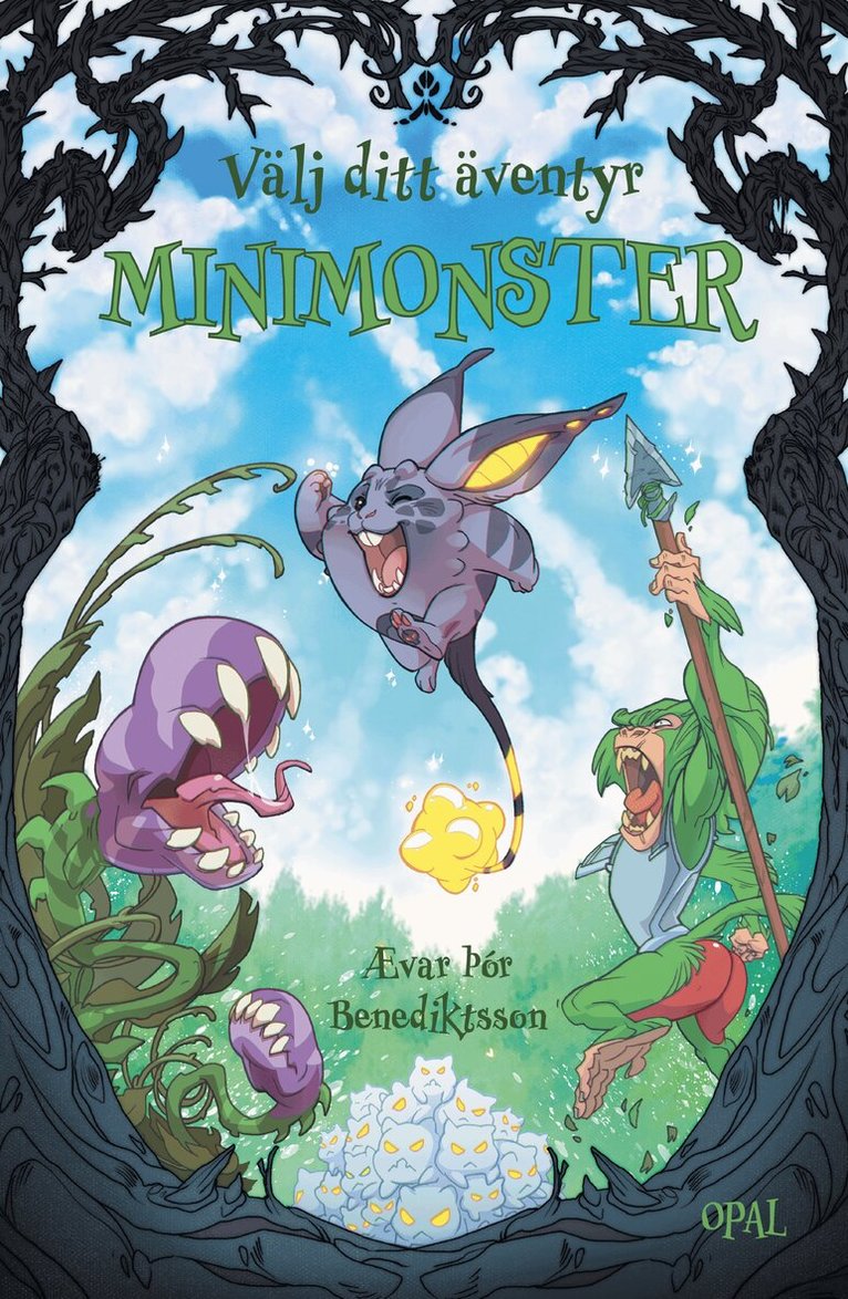 En bild på bokframsidan till boken "Minimonster". Den är prydd av en lila kanin med långa öron och glödande svans som hoppar undan ifrån en grön apa med spjut i handen.