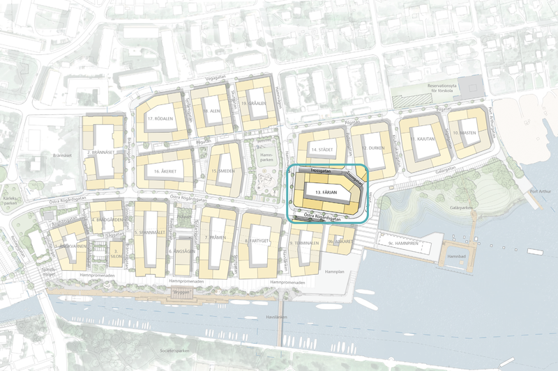 Karta med ett kvarter inringat i blått